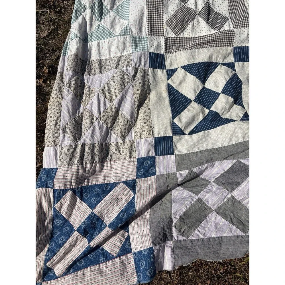 Early 1900’s Hand Stitched Quilt Top Only Shirt Fabric Feed Sack Cotton 74x 61